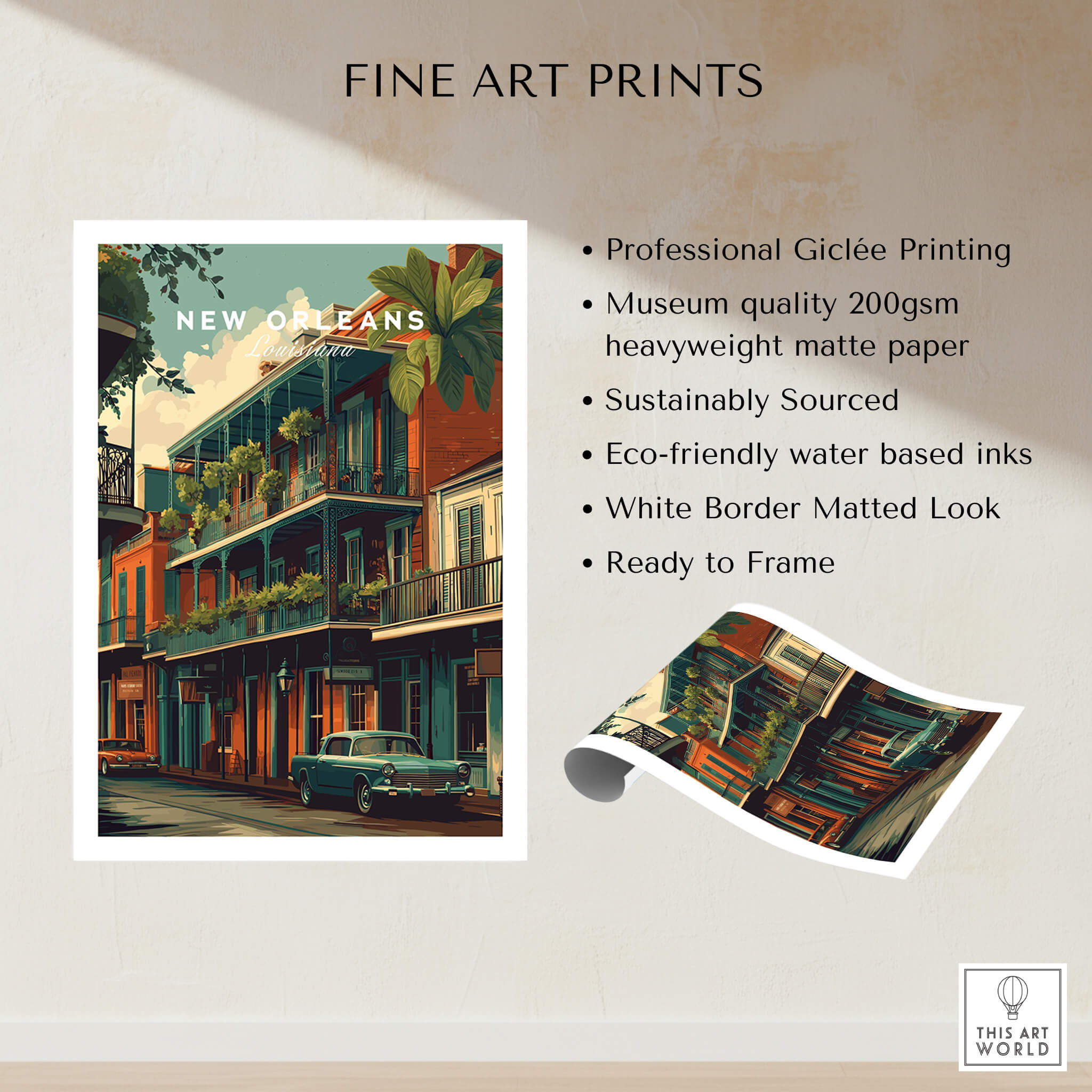 New Orleans Wall Art Print | French Quarter Balcony Travel Poster showcasing iconic architecture and balconies.