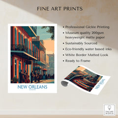 New Orleans Canvas Print | Musical Heritage Cityscape Poster showcasing musicians and historic venues in vibrant colors.