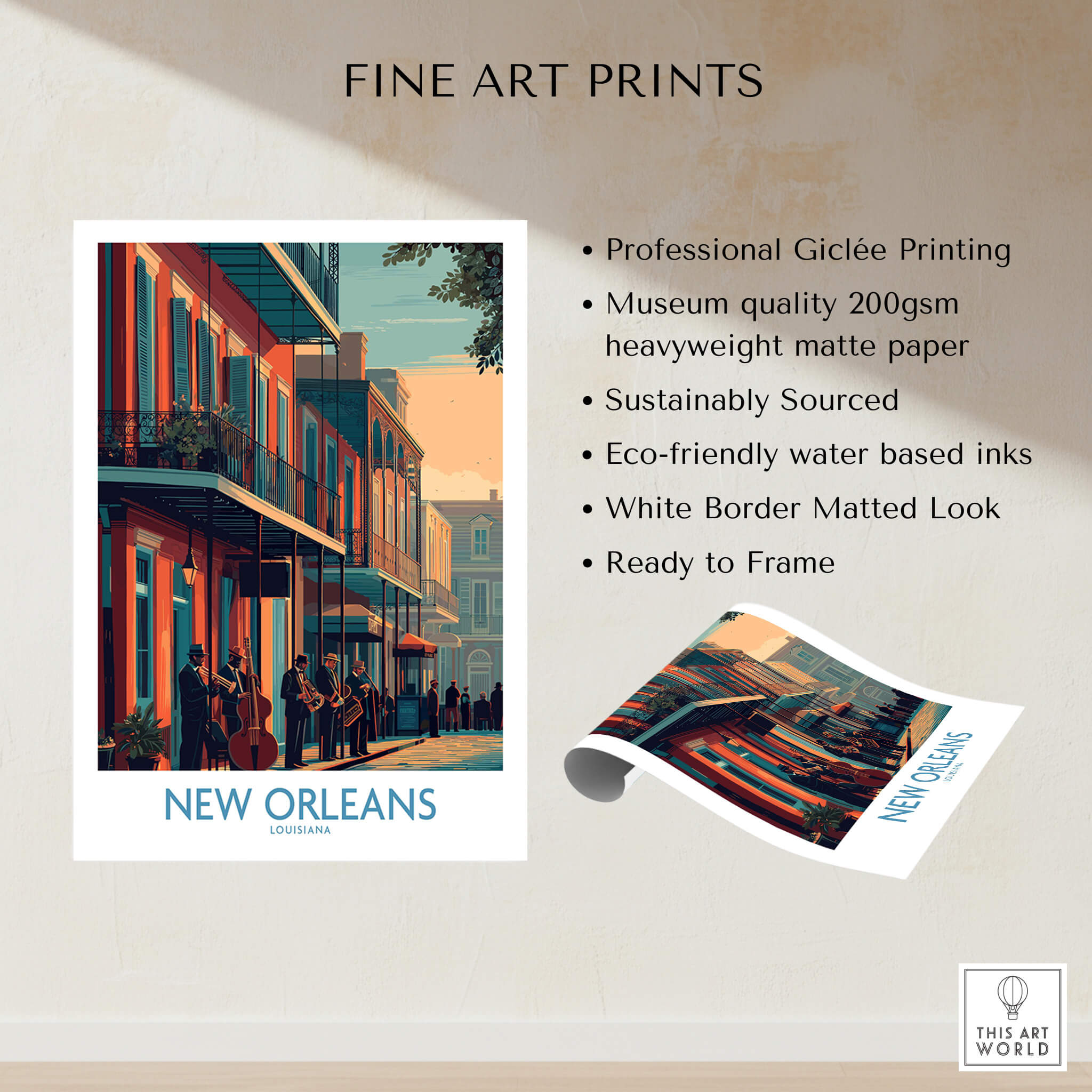 New Orleans Canvas Print | Musical Heritage Cityscape Poster showcasing musicians and historic venues in vibrant colors.