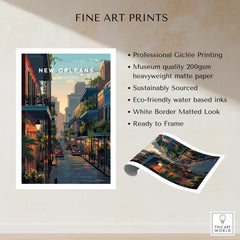 New Orleans Wall Art Print | Historic French Quarter Travel Poster featuring vibrant street scene with architecture.