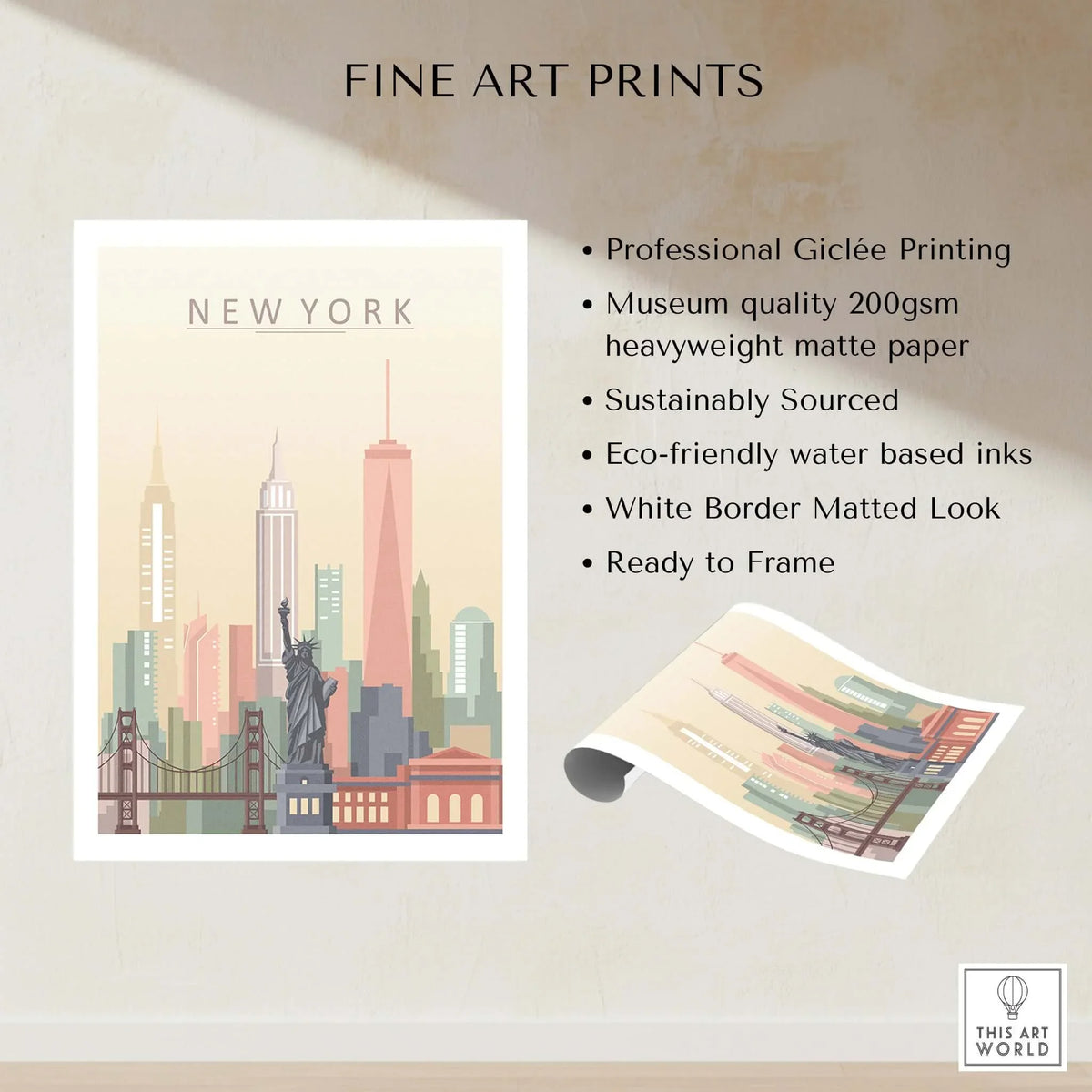 New York City Skyline Print | Wall Art featuring iconic landmarks and pastel tones, perfect for home décor.