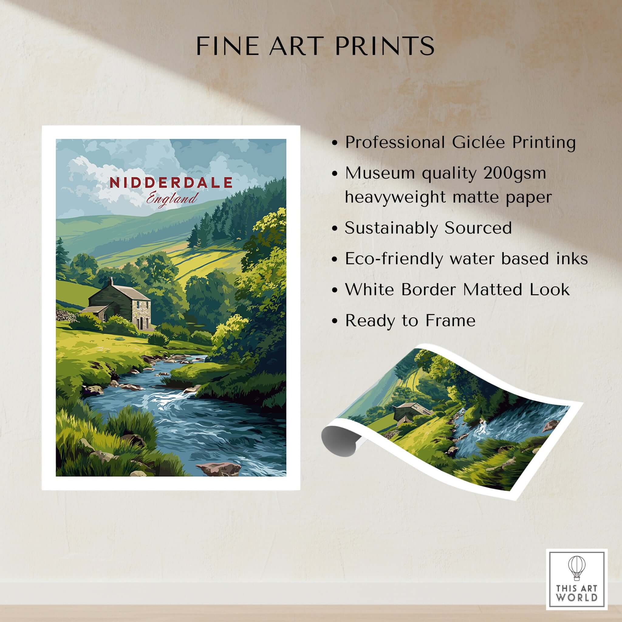 Nidderdale Stone Farmhouse and Stream Canvas Print | English Country Wall Decor showcasing tranquil landscape in Yorkshire.