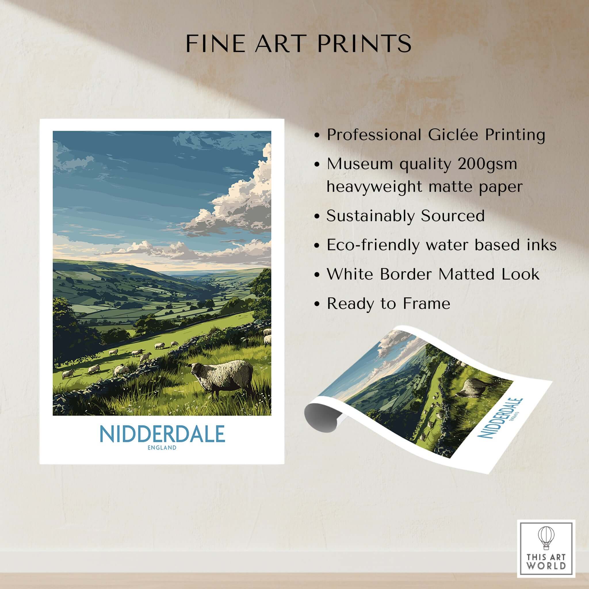 Nidderdale Art Print | Yorkshire Dales Sheep Poster showcasing the beautiful landscape of Nidderdale with grazing sheep.