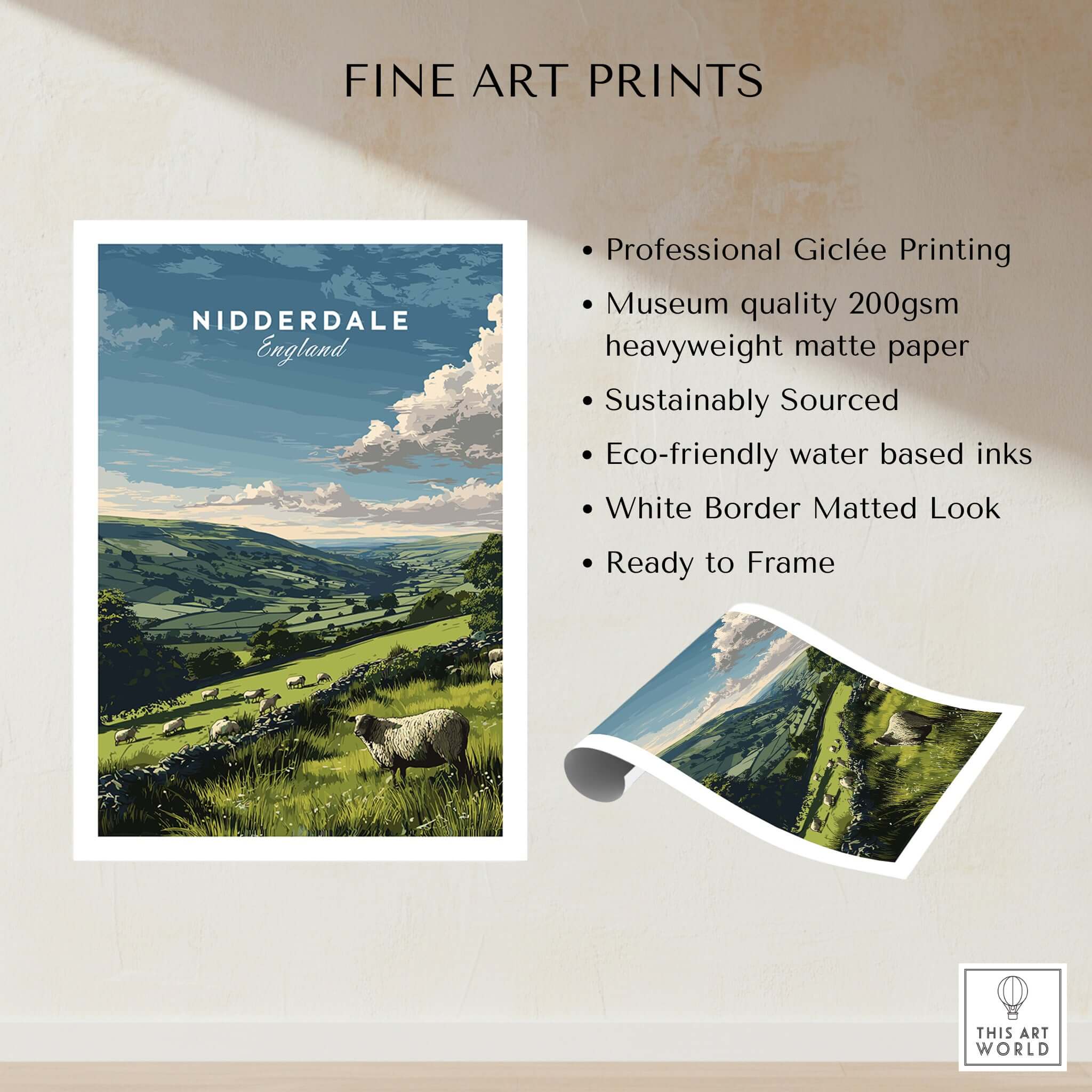 Nidderdale Canvas Print | English Countryside Decor showcasing the verdant hills and sheep of Yorkshire's landscape.