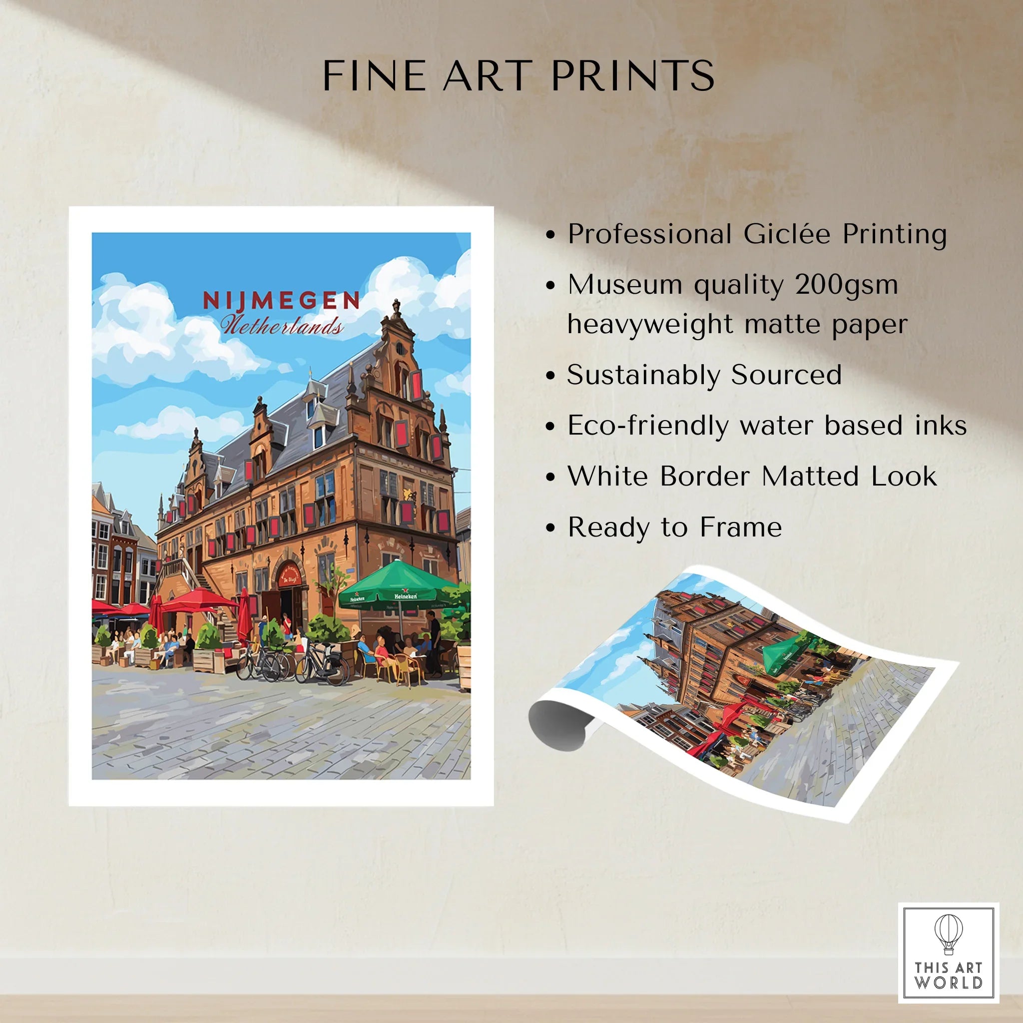 Nijmegen Netherlands travel poster fine art print with historic building and lively street.