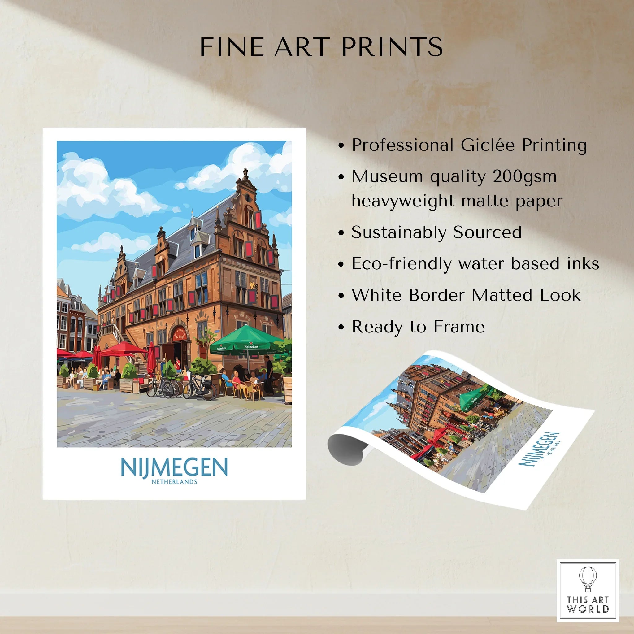 Nijmegen Netherlands cityscape fine art print with colorful historic building and cafe scene