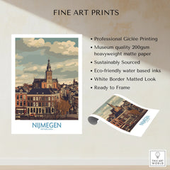 Nijmegen Netherlands travel poster fine art print with city skyline and church, unframed.