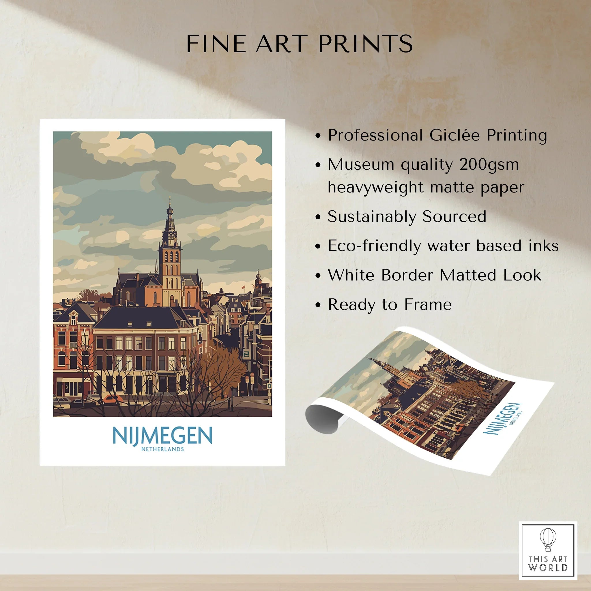 Nijmegen Netherlands travel poster fine art print with city skyline and church, unframed.