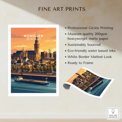 Nijmegen Netherlands travel poster art print with sunset cityscape and river view, unframed.