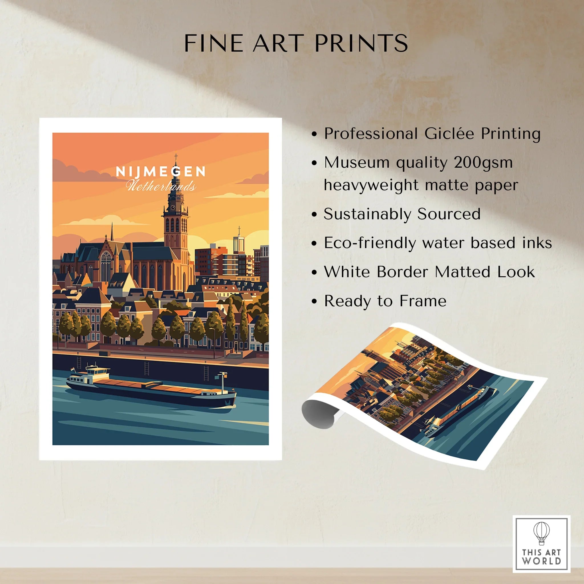 Nijmegen Netherlands travel poster art print with sunset cityscape and river view, unframed.