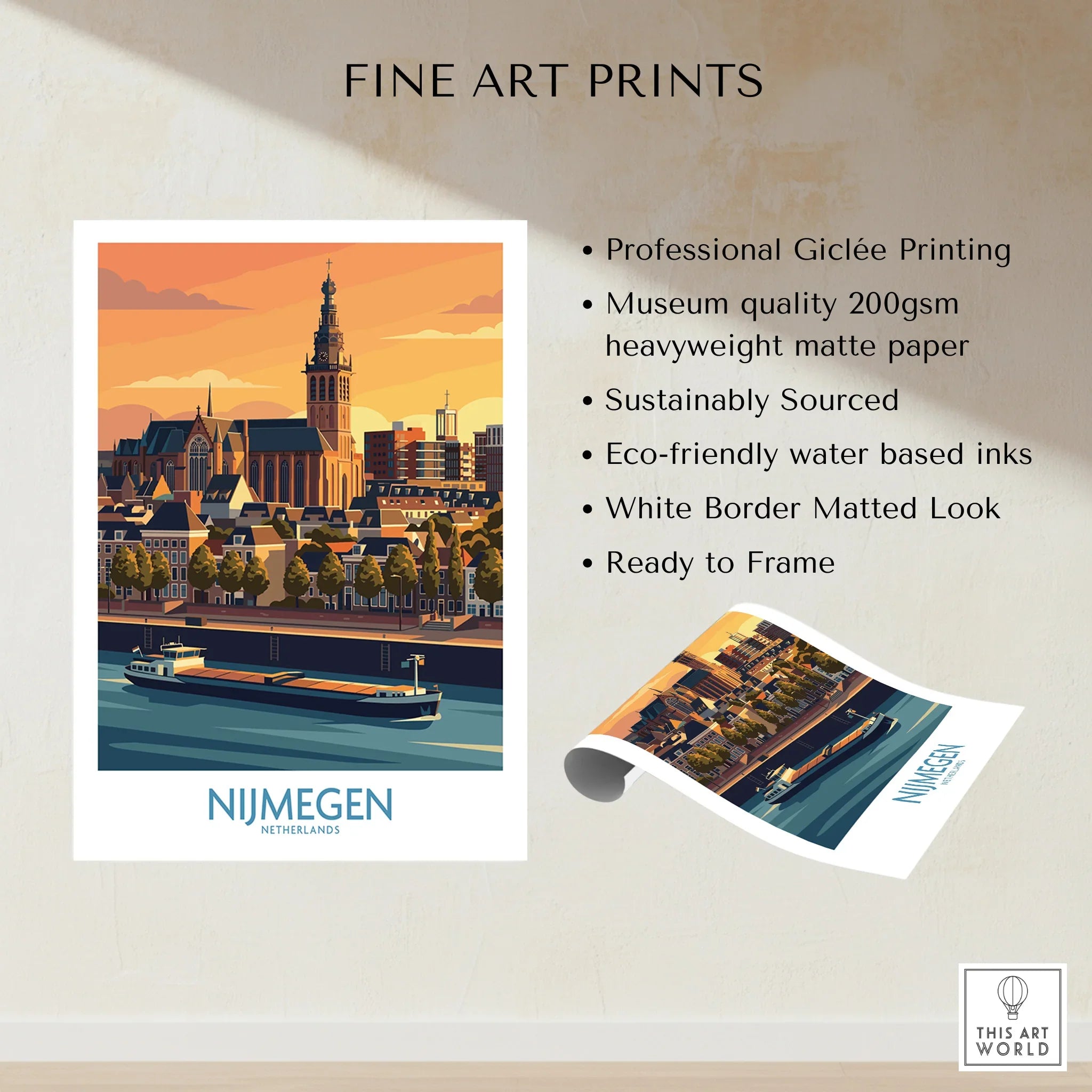 Nijmegen Netherlands skyline art print with river scene, unframed, museum-quality poster