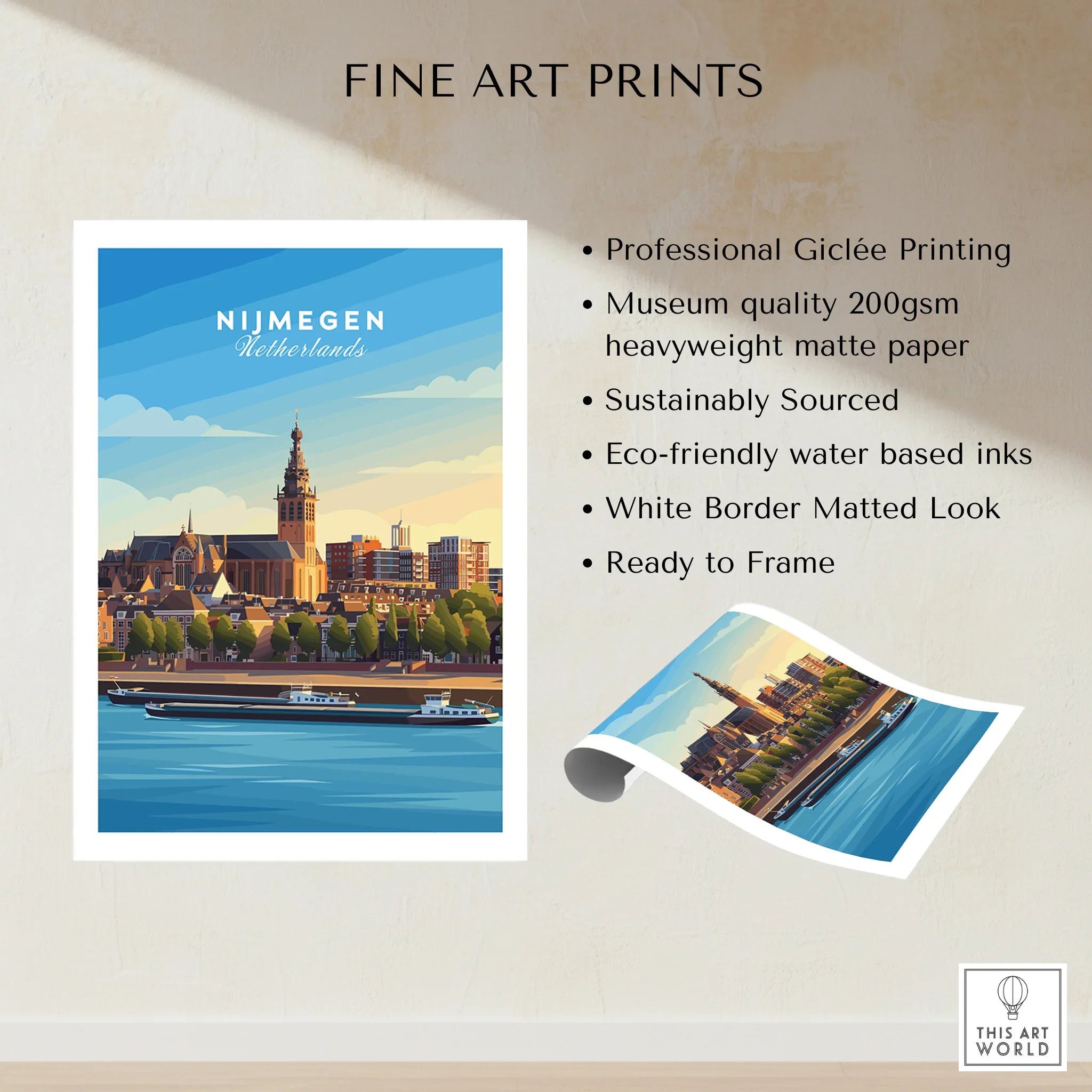 Nijmegen Netherlands city skyline wall art print, unframed, with river and sunset colors.