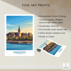 Nijmegen Netherlands skyline art print with river, boats, and historic church