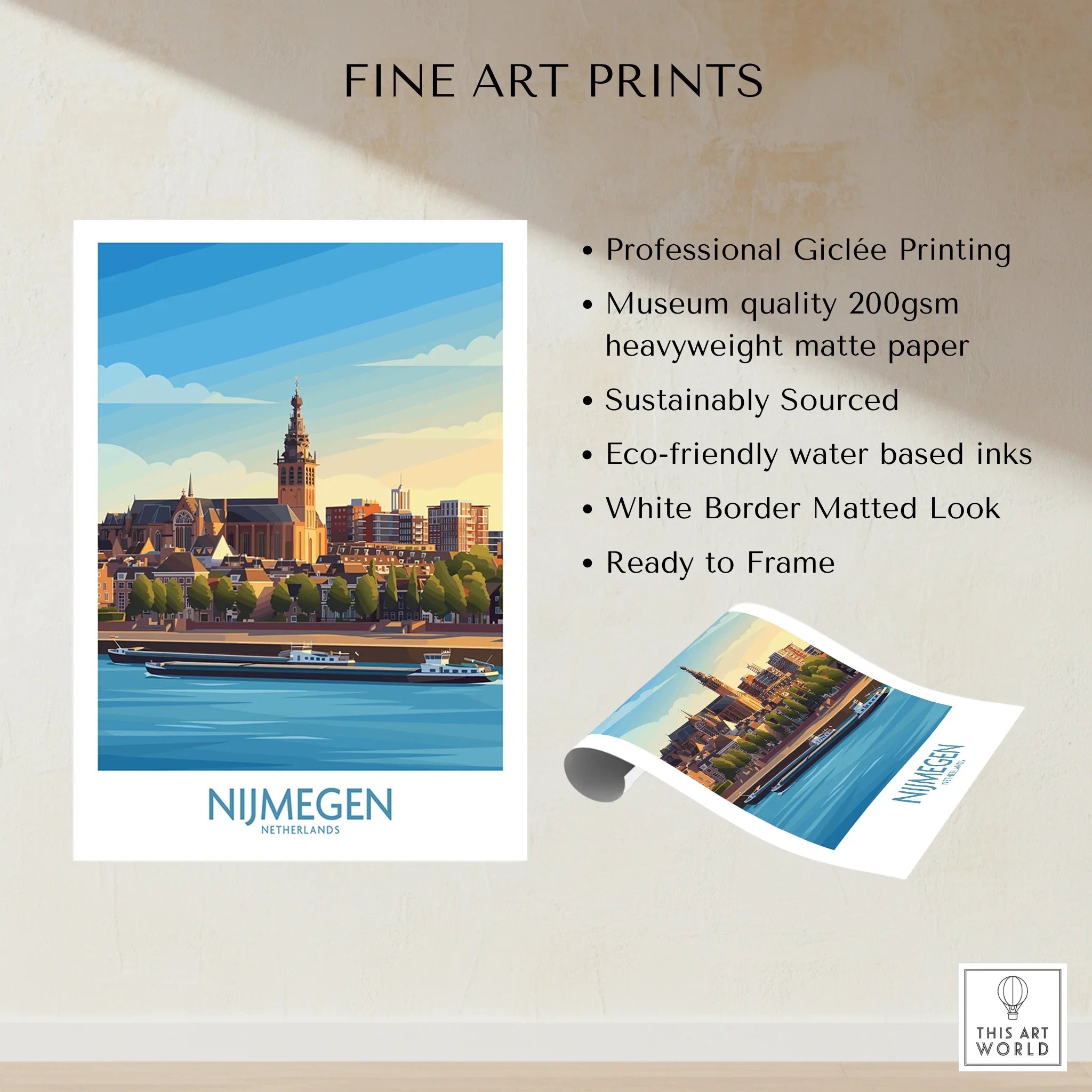 Nijmegen Netherlands skyline art print with river, boats, and historic church