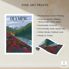 Olympic National Park art print with mountains, forest, and wildflowers, unframed.