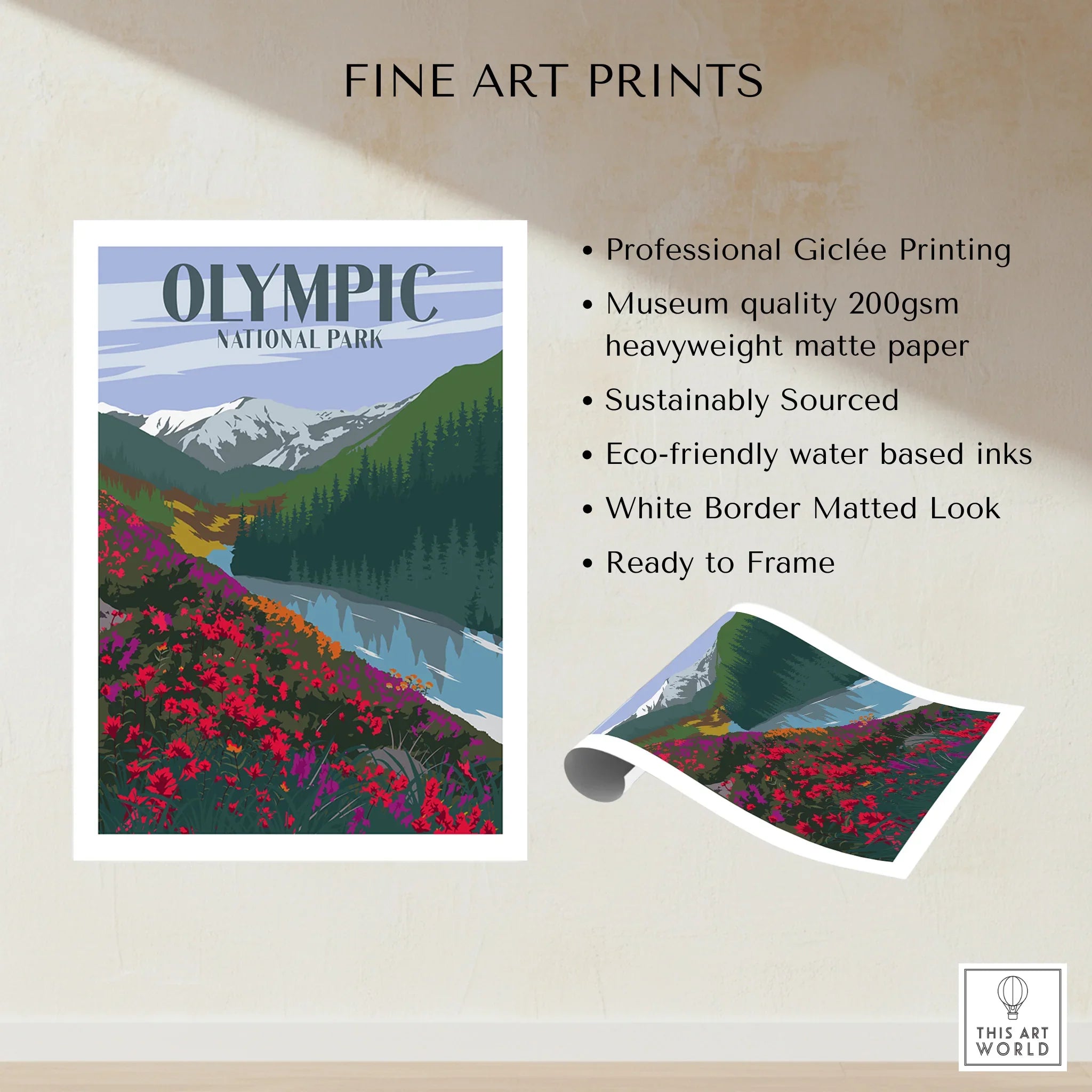 Olympic National Park art print with mountains, forest, and wildflowers, unframed.