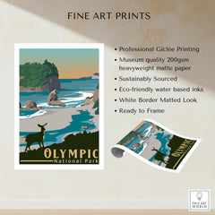 Olympic National Park fine art print with deer, coastal landscape, and mat border details.