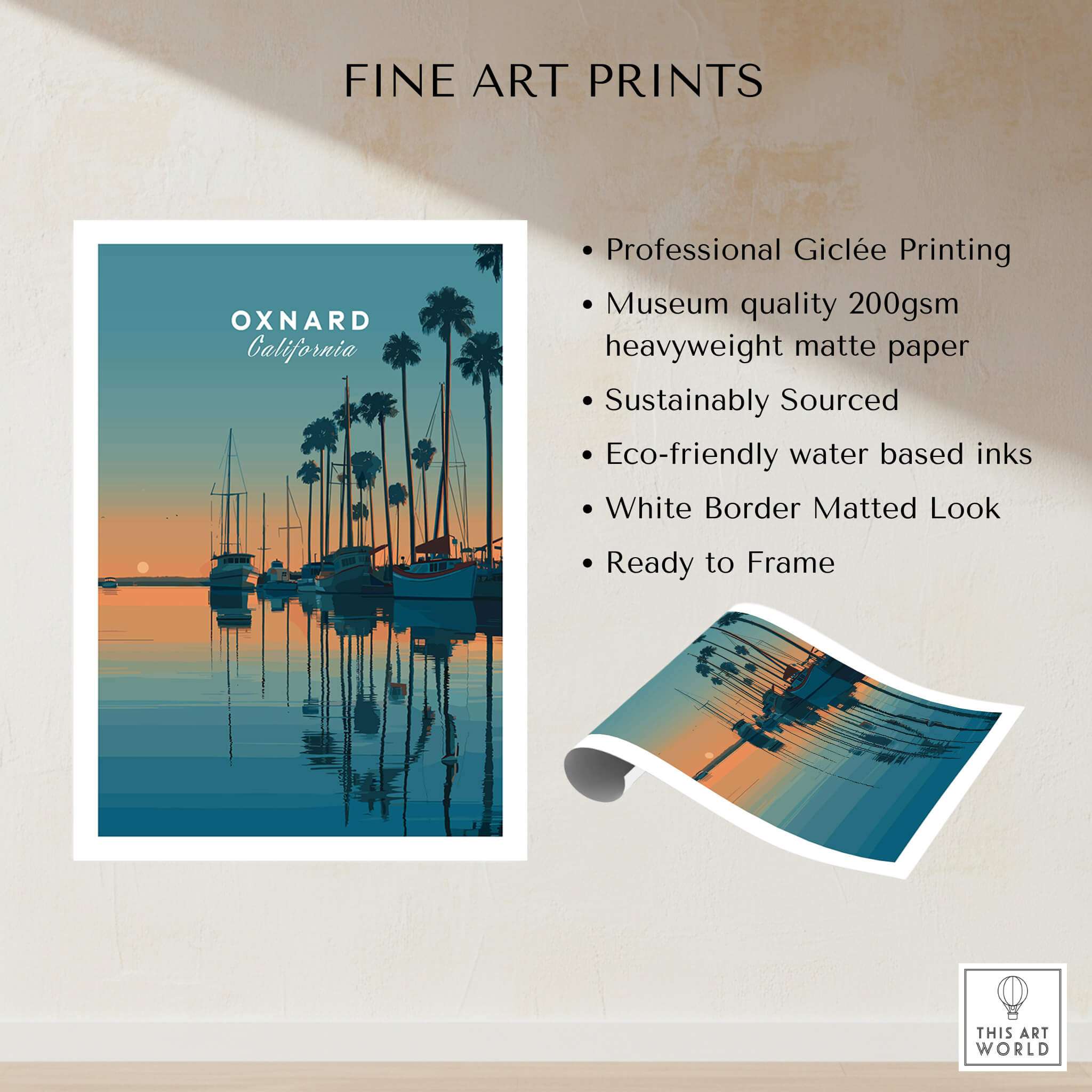 Oxnard California Wall Art Print | Sunset Harbor & Sailboats Travel Poster showcasing giclée printing and eco-friendly materials.