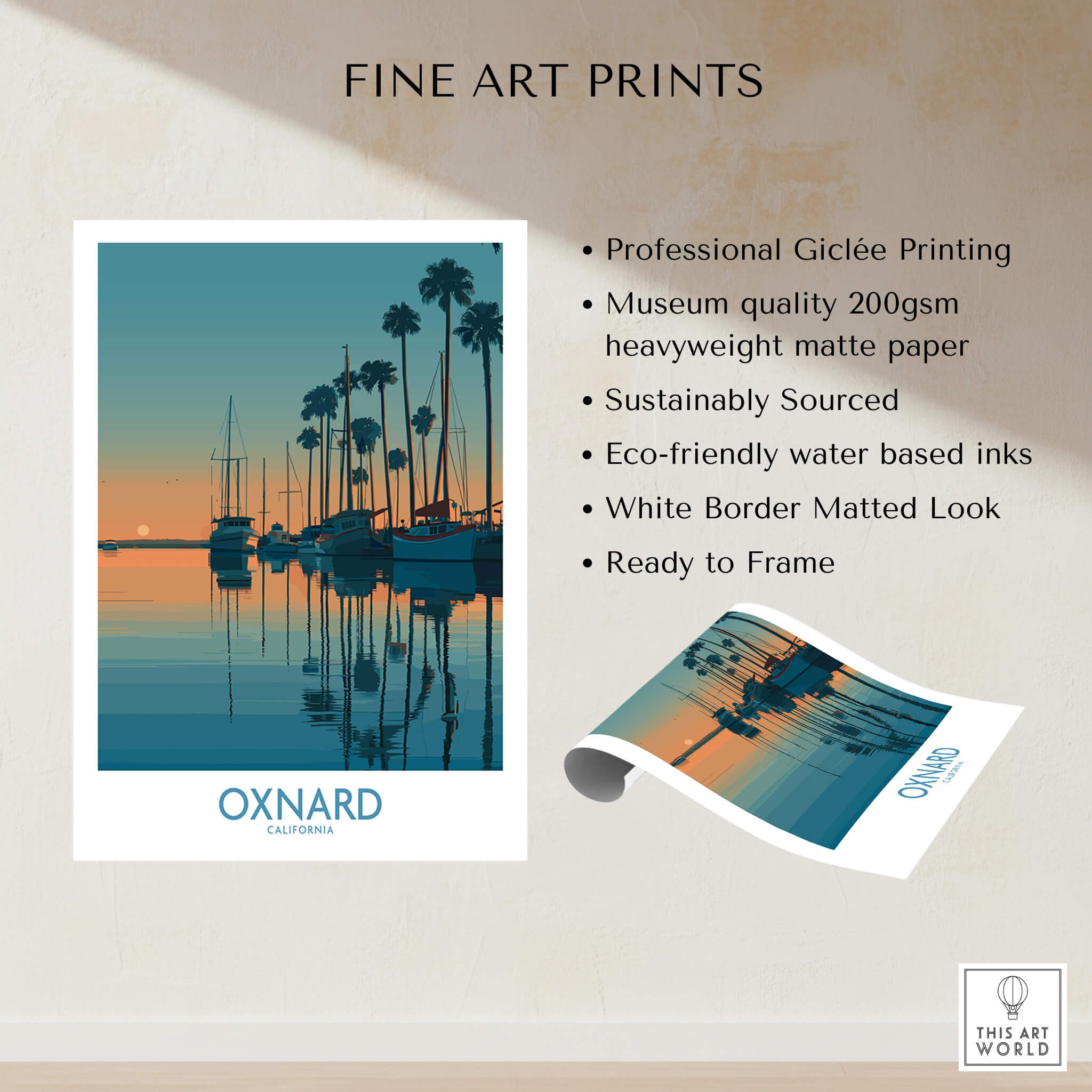 Oxnard California Poster | Scenic Pacific Marina Canvas Print featuring palm trees and sailboats at sunset.