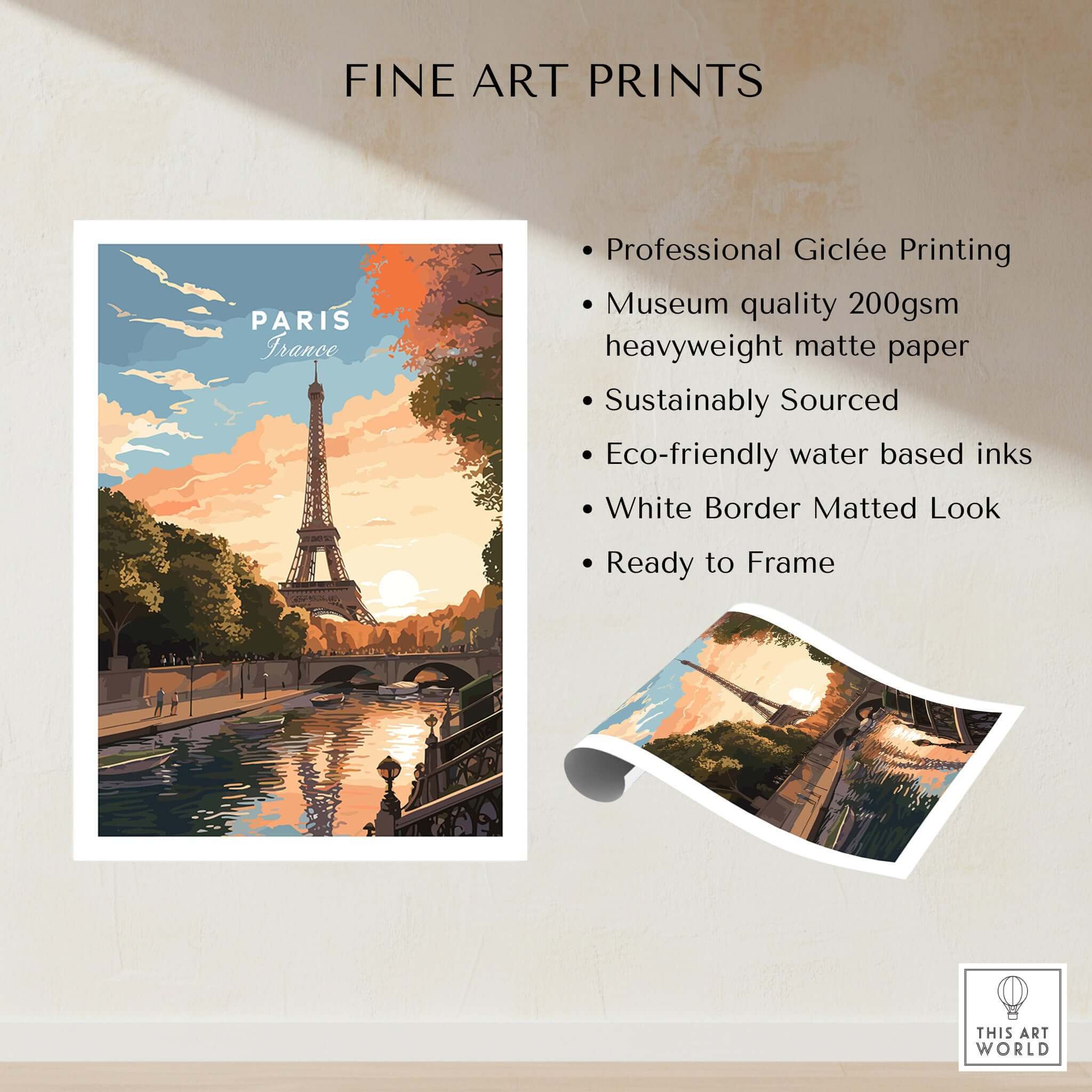 Paris Print featuring the Eiffel Tower at sunset, eco-friendly art for home decor.