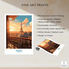 Paris Wall Art | Modern Style vibrant Eiffel Tower print with sunset illustration and white border for home decor.