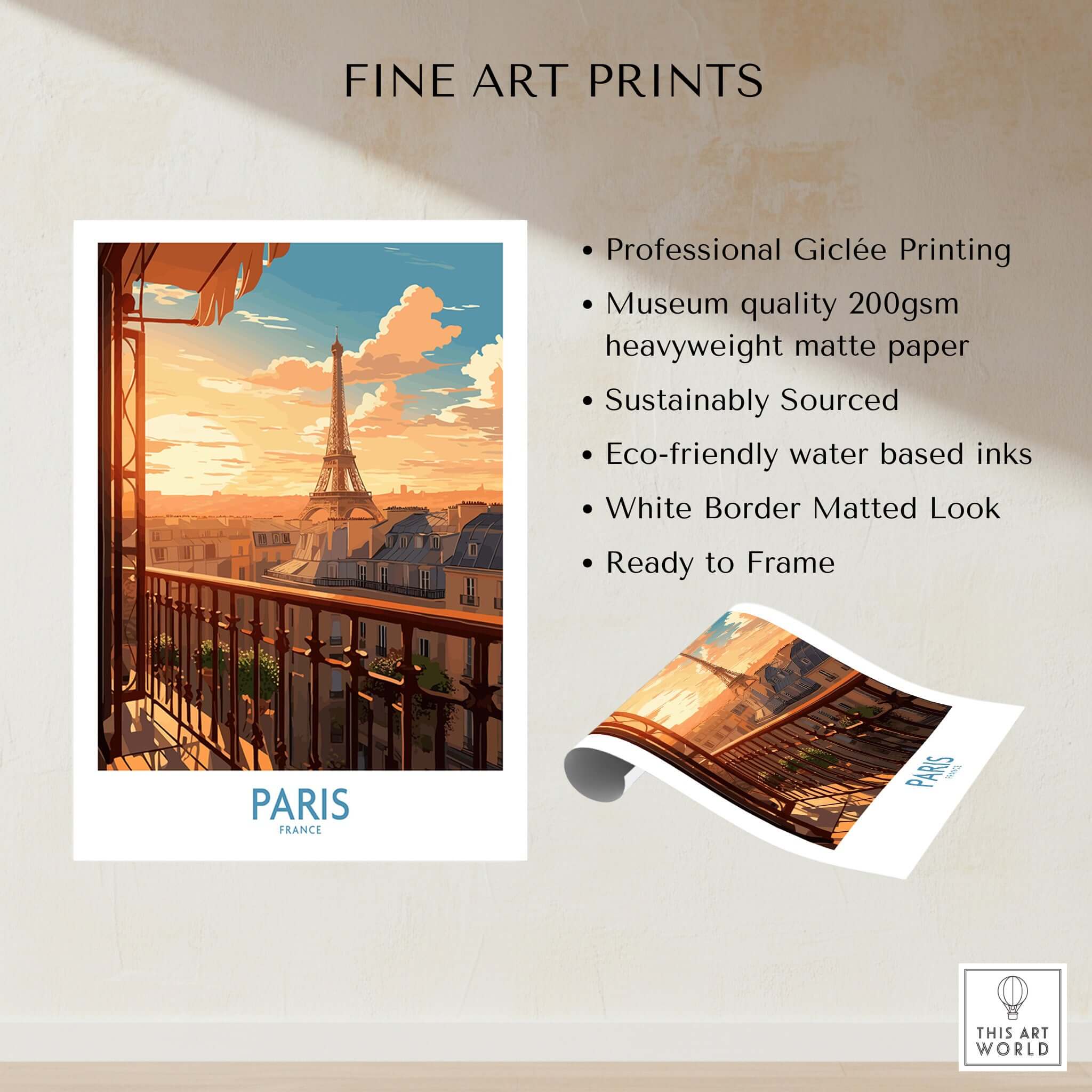 Paris Wall Art | Modern Style vibrant Eiffel Tower print with sunset illustration and white border for home decor.