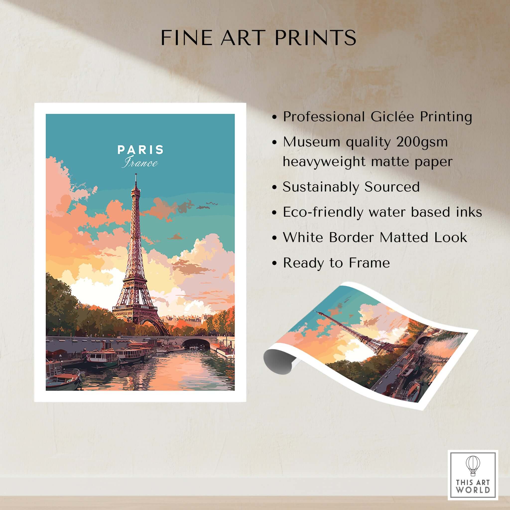Paris Poster - Eiffel Tower showcasing a beautiful sunset view of the Eiffel Tower with elegant design elements.