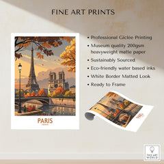 Paris France Autumn Seine River Art Print | Eiffel Tower and Notre Dame Poster displayed on professional quality paper.
