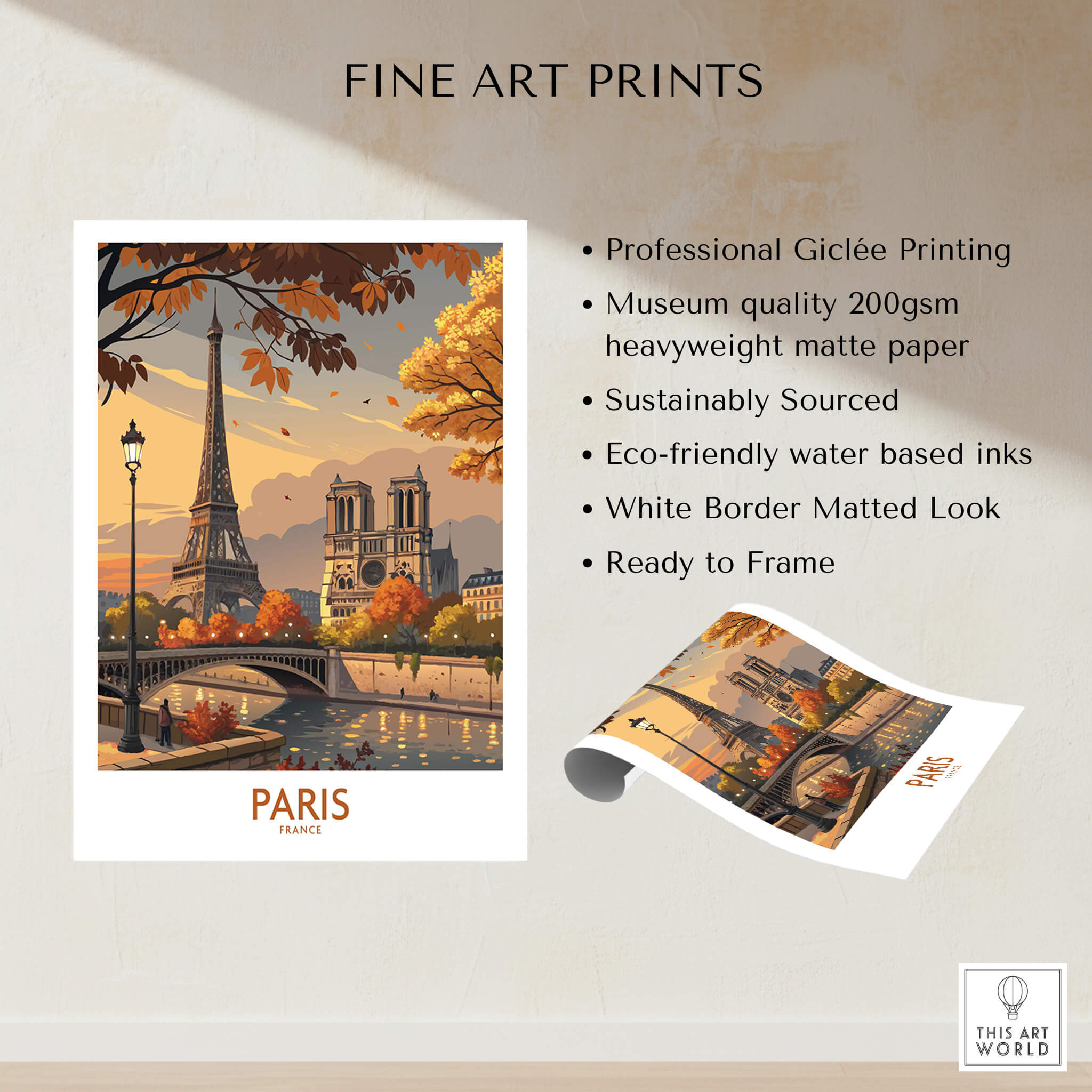 Paris France Autumn Seine River Art Print | Eiffel Tower and Notre Dame Poster displayed on professional quality paper.