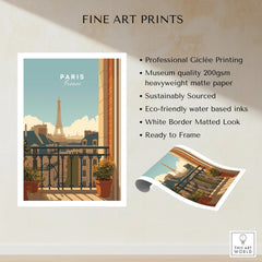 Paris France art print with Eiffel Tower view from balcony, museum-quality fine art poster