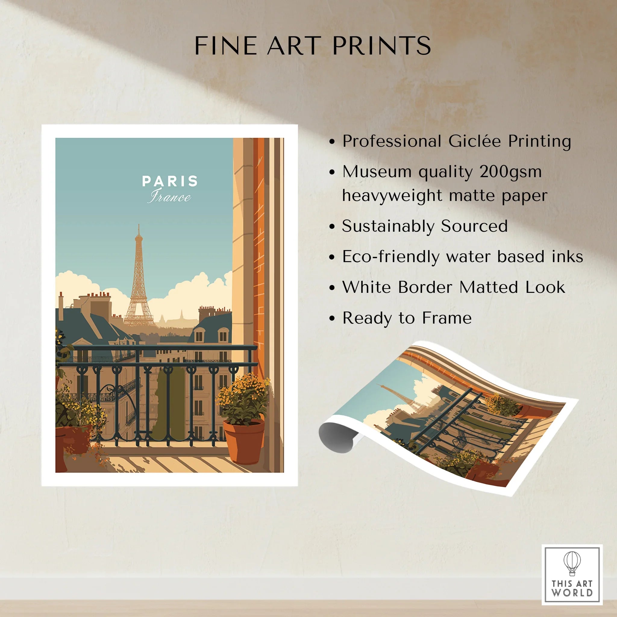 Paris France art print with Eiffel Tower view from balcony, museum-quality fine art poster