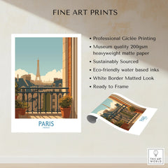 Paris art print featuring Eiffel Tower view, balcony, and city skyline, museum quality