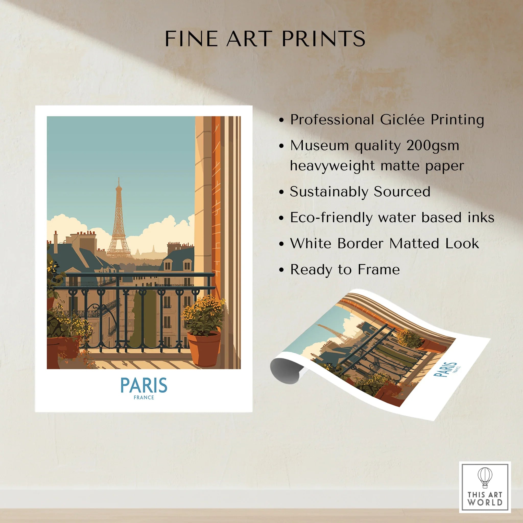Paris art print featuring Eiffel Tower view, balcony, and city skyline, museum quality