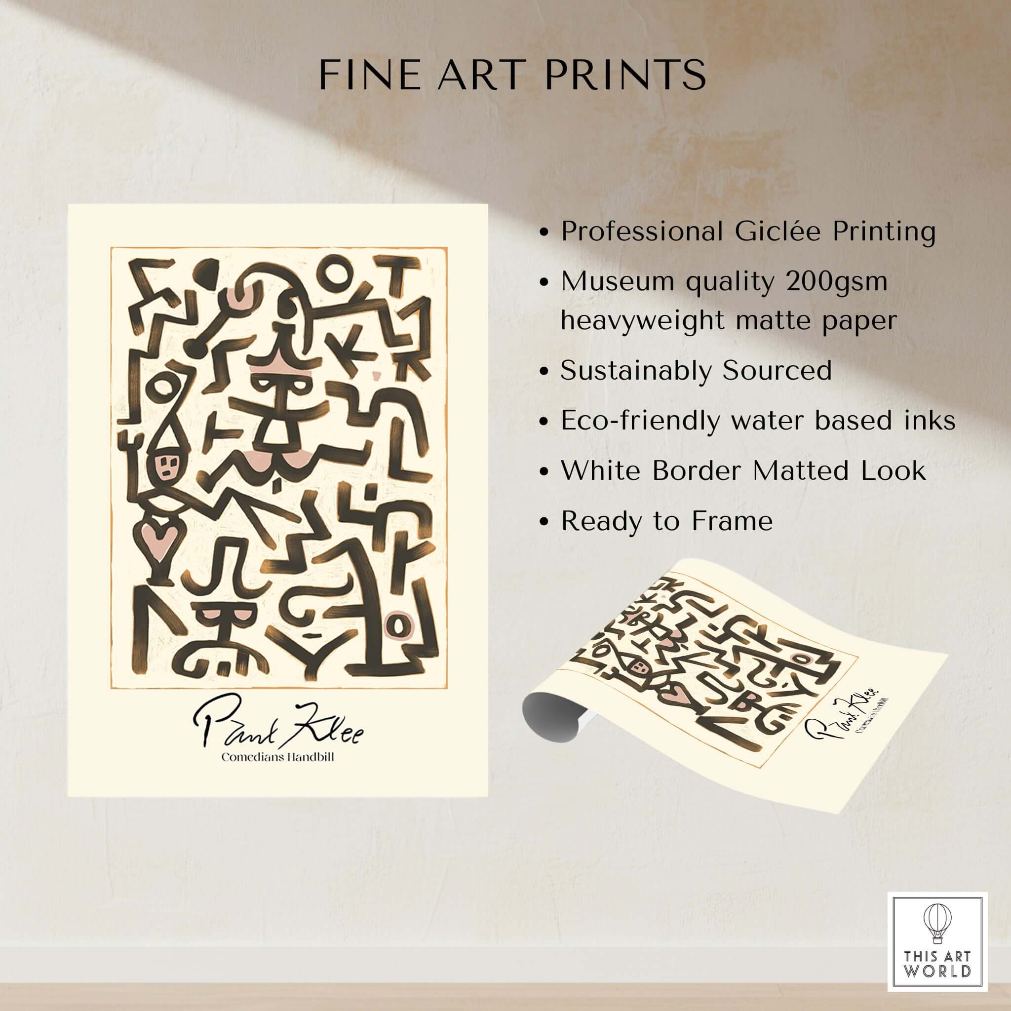 Paul Klee Comedians Handbill Abstract Figures Poster Modern Art Print showcasing whimsical symbols and eco-friendly features.