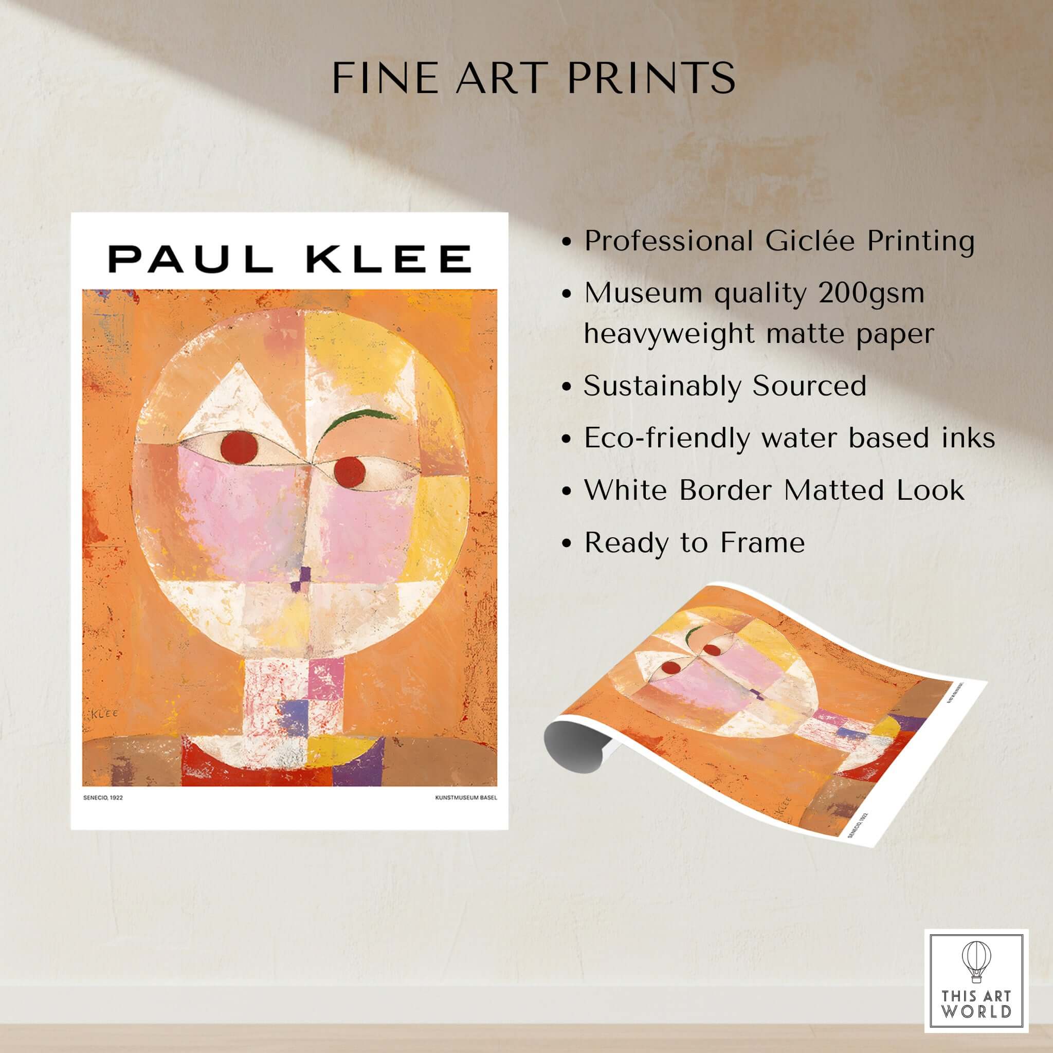 Paul Klee Senecio Head of Man Abstract Portrait Poster Art Print showcasing professional Giclée printing and eco-friendly inks.
