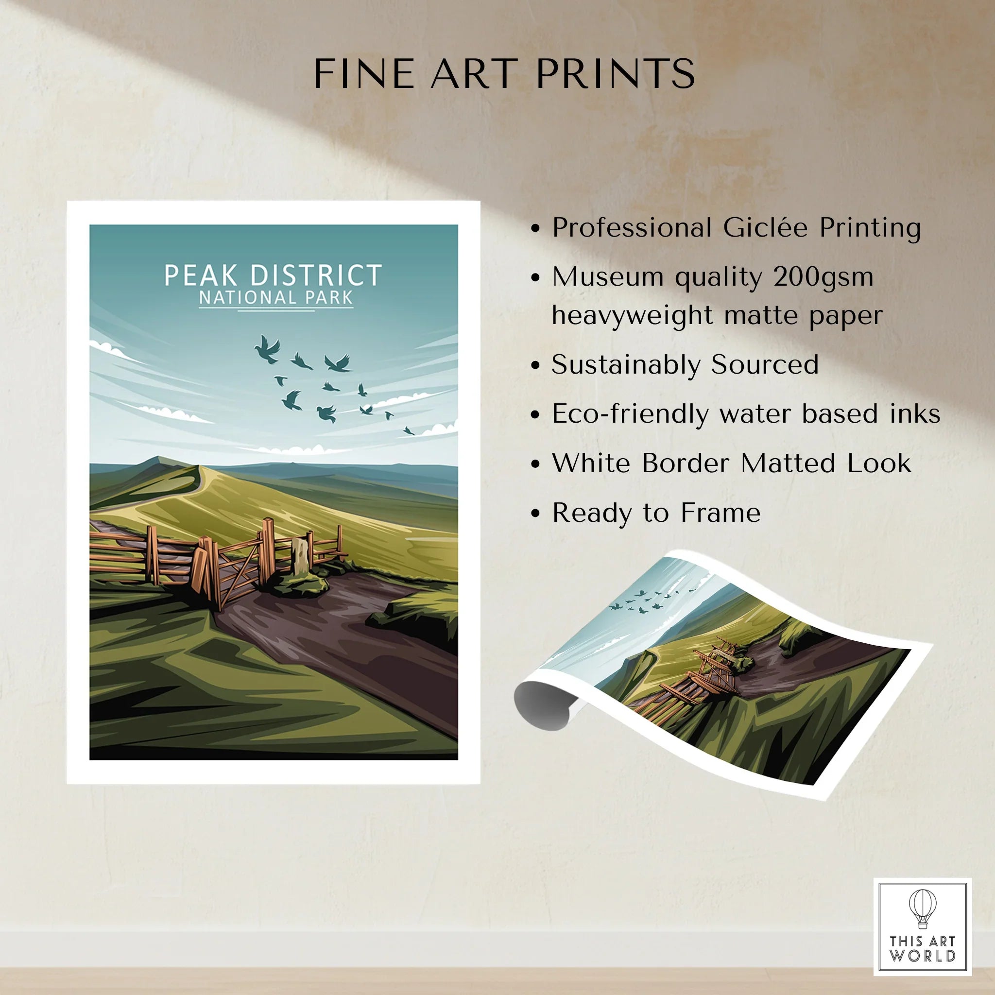 Peak District National Park print, countryside landscape art with rolling hills and gate