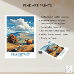 Peak District National Park Highland Cow Art Print | Derbyshire Landscape Poster showcasing Giclée printing and vibrant colors.