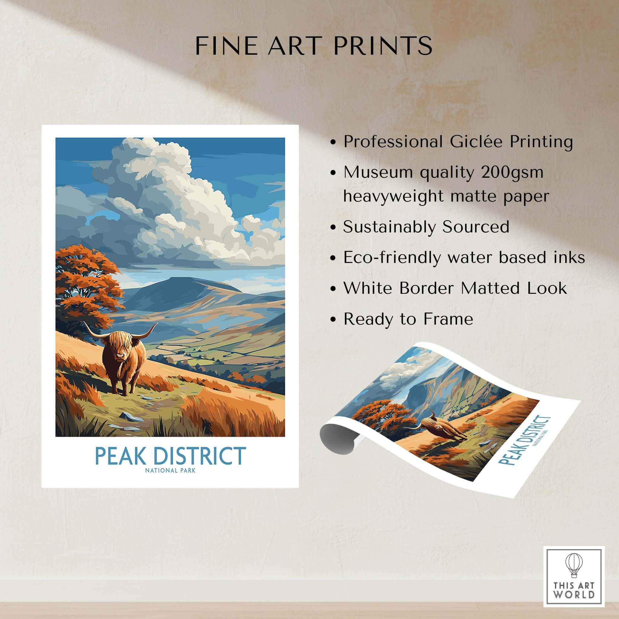Peak District National Park Highland Cattle Art Print | Rolling Hills Poster showcasing Highland cattle and rolling hills.