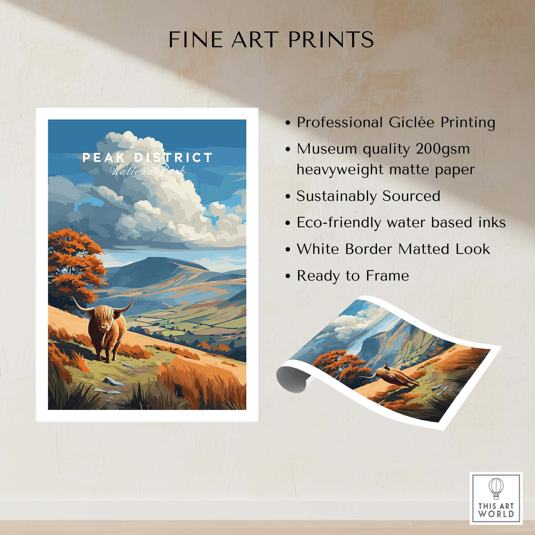 Peak District Scenic View Canvas Print | Derbyshire Home Wall Art featuring vibrant landscapes and a beautiful highland cow.