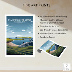 Pembrokeshire Coast National Park fine art print, landscape wall art with puffins and sea view