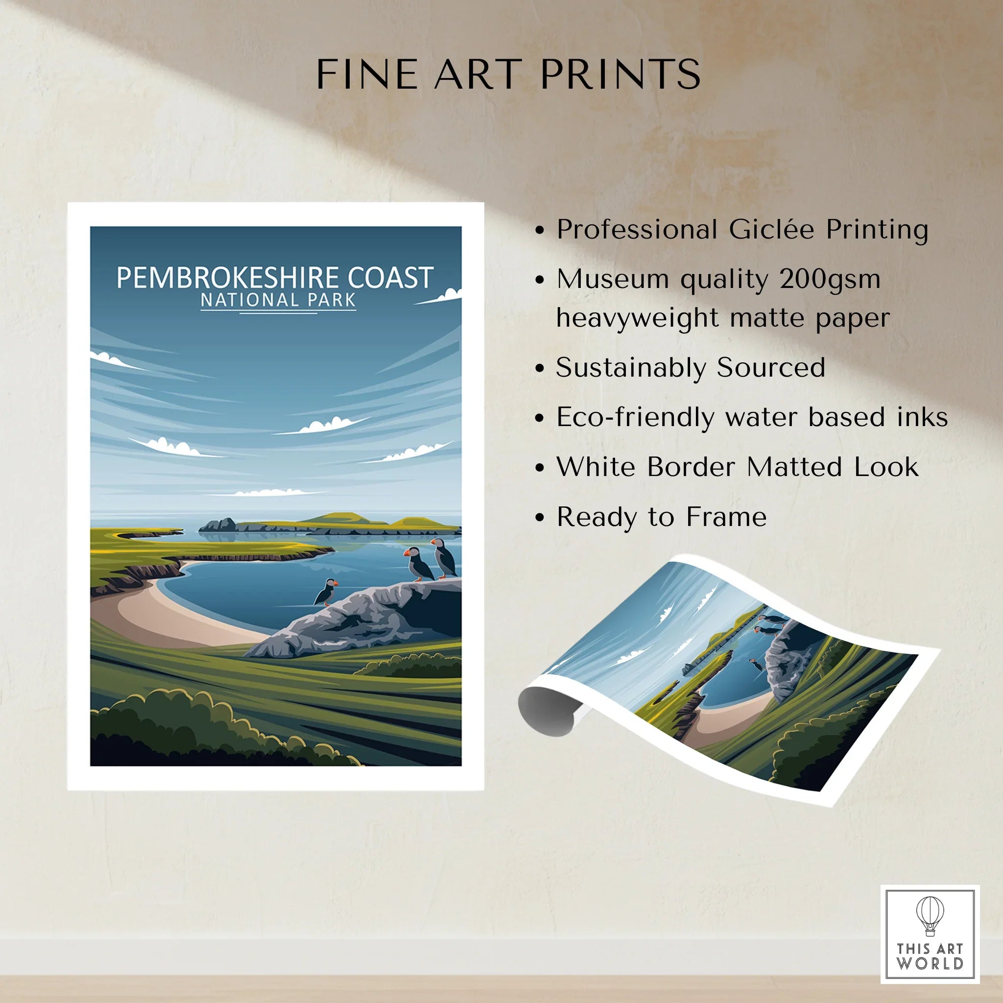 Pembrokeshire Coast National Park fine art print, landscape wall art with puffins and sea view