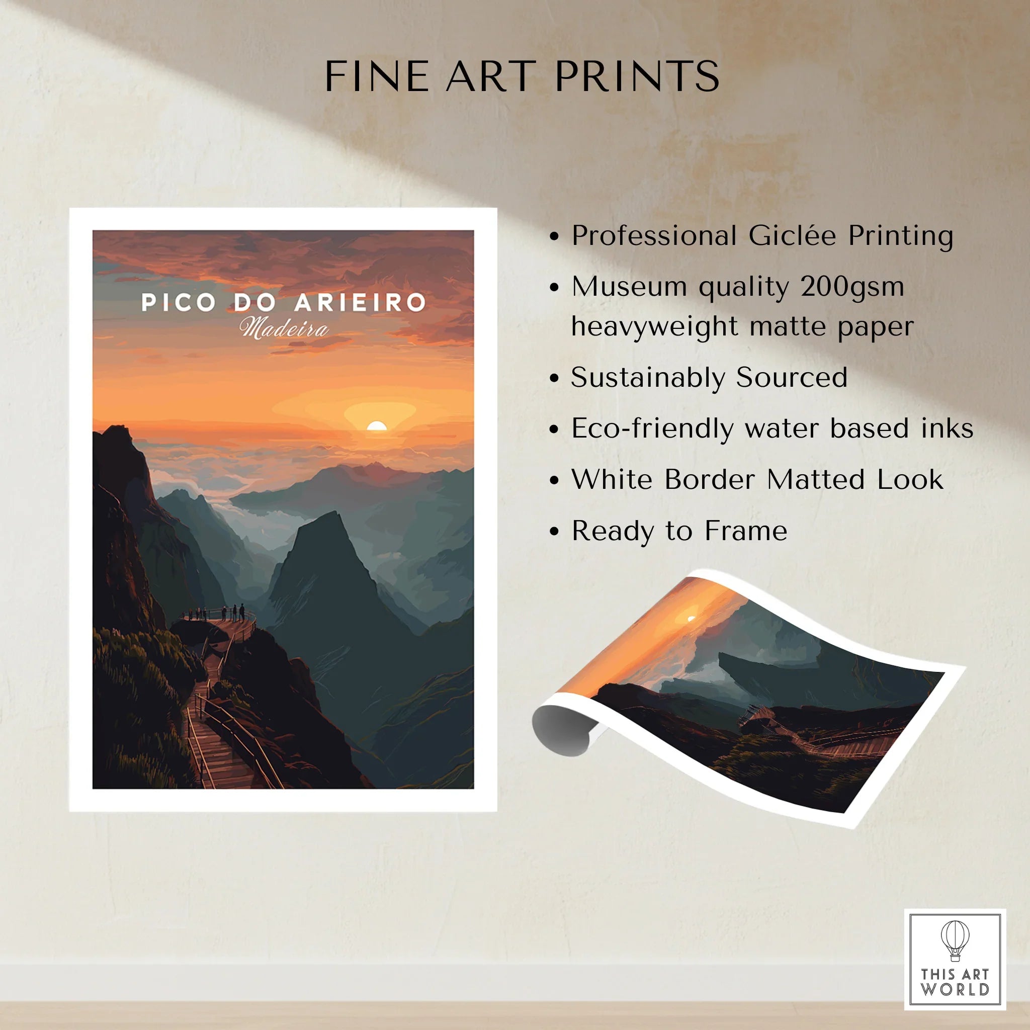 Pico do Arieiro Madeira fine art print with sunrise mountain landscape, unframed travel poster.