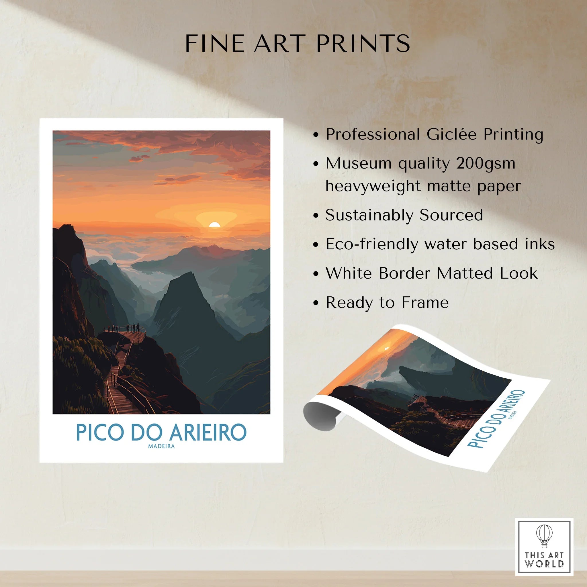 Pico do Arieiro Madeira fine art print with sunset mountain landscape, unframed poster details.