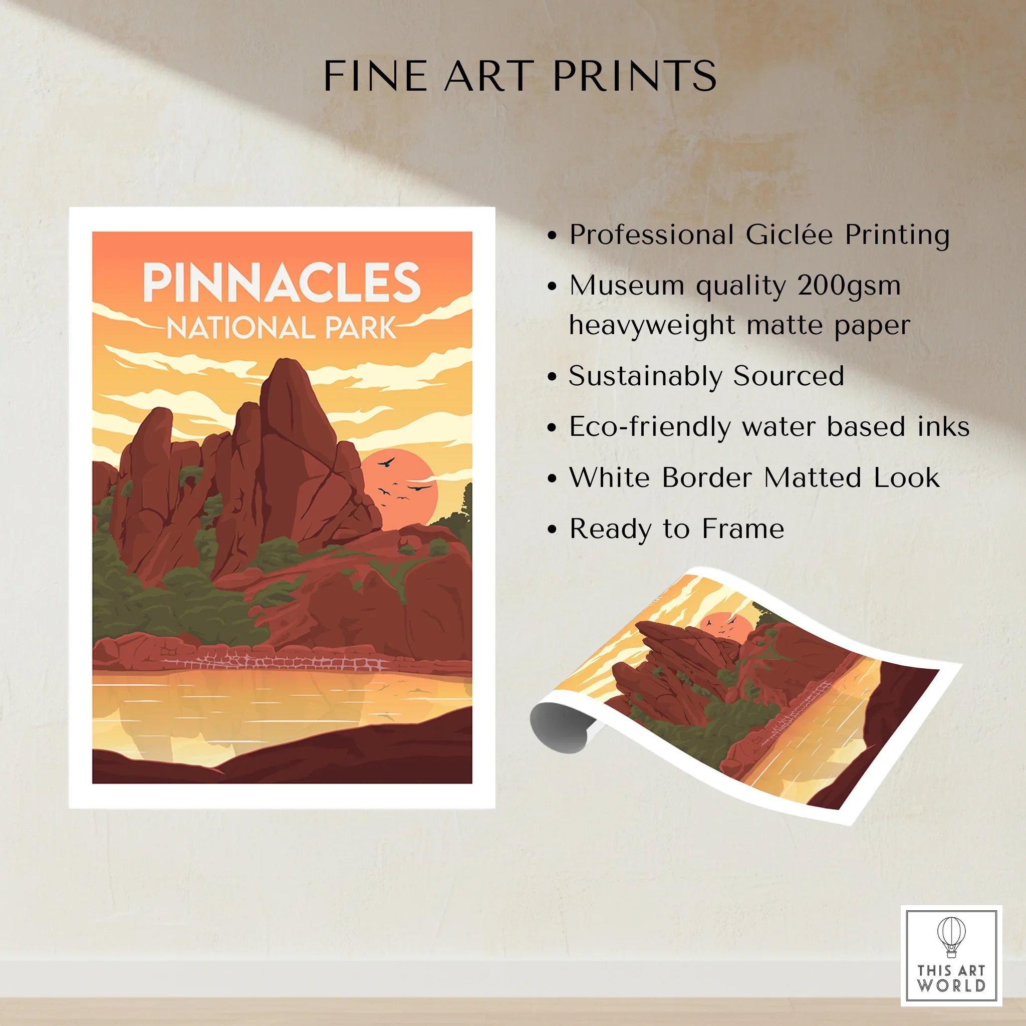 Pinnacles National Park fine art print with sunset landscape, rolled and unframed details.