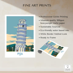 Pisa Wall Art Print | Italy Travel Poster featuring the Leaning Tower in vibrant colors and eco-friendly printing.