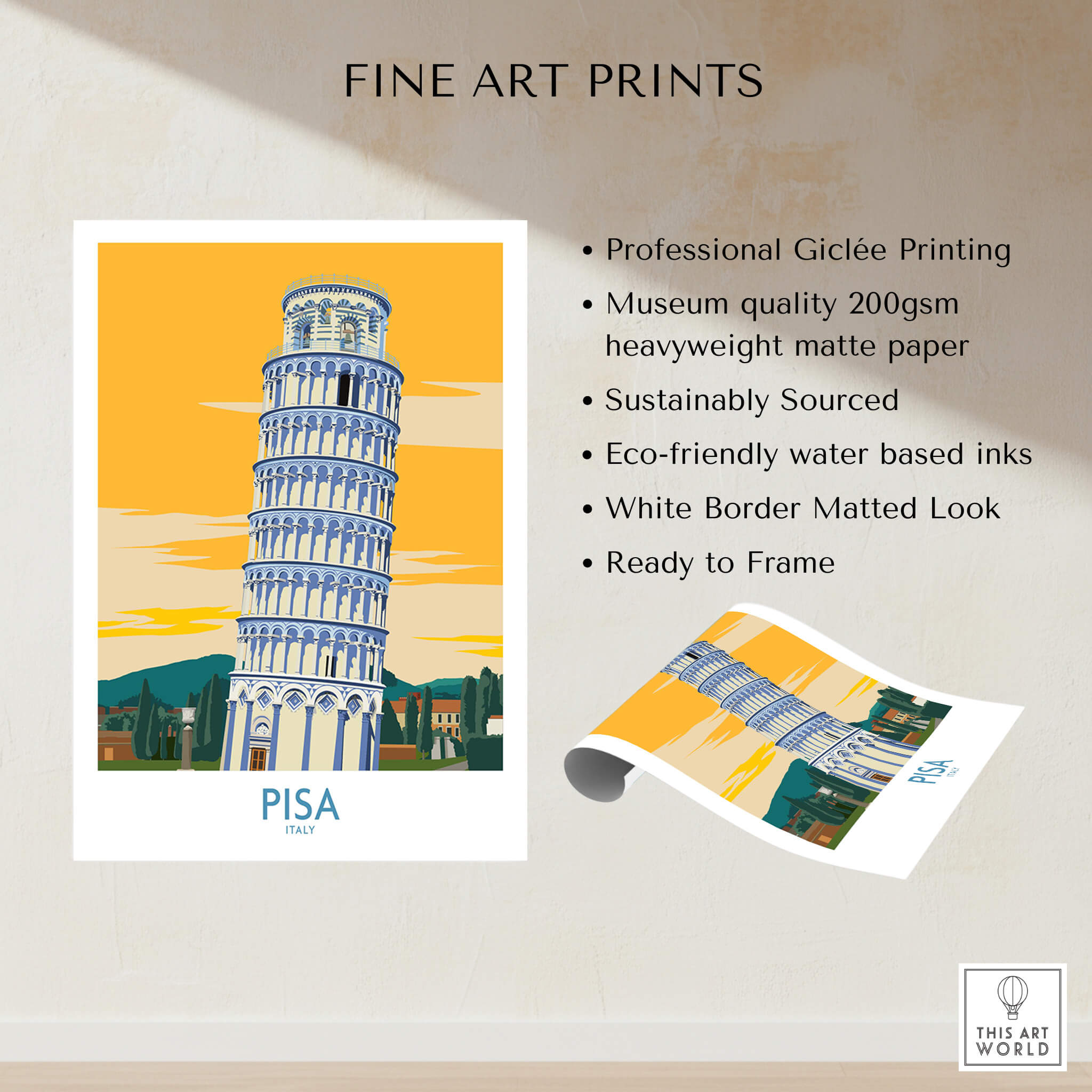 Pisa Tower Italy Print featuring a colorful illustration with professional quality matte paper.