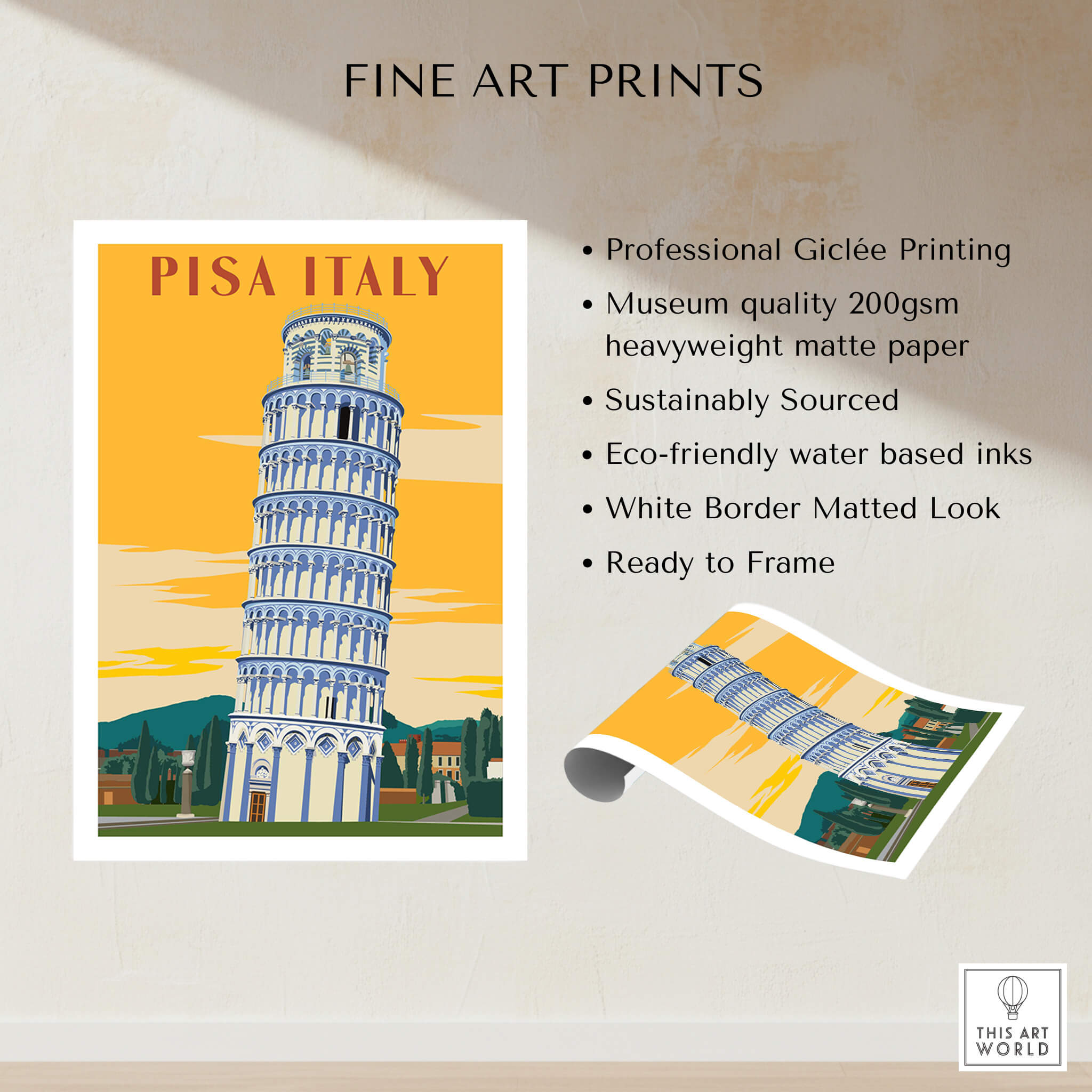 Pisa Tower Print Poster Italy Wall Art showcasing vintage design and warm sunset backdrop for elegant home decoration.