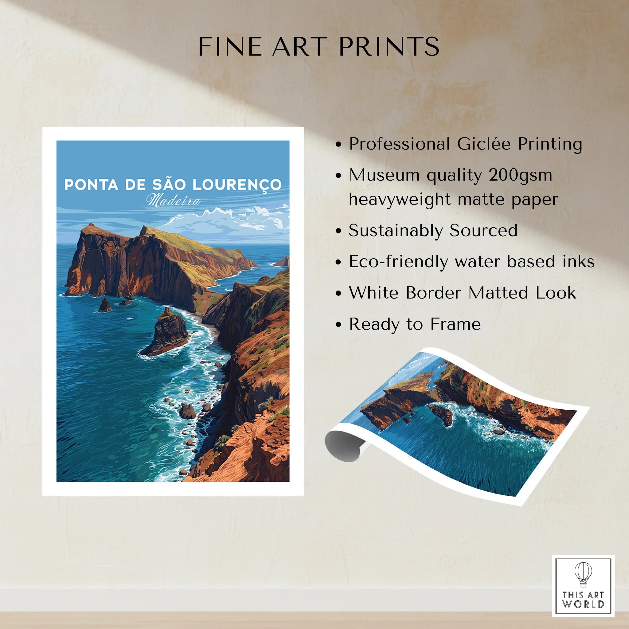 Ponta de São Lourenço Madeira fine art print, coastal cliff illustration with blue ocean