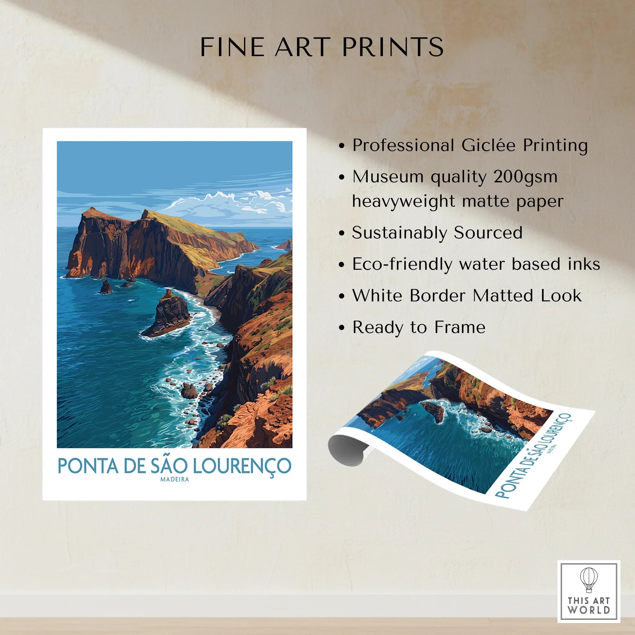 Ponta de São Lourenço Madeira art print with coastal cliffs, unframed fine art poster details.