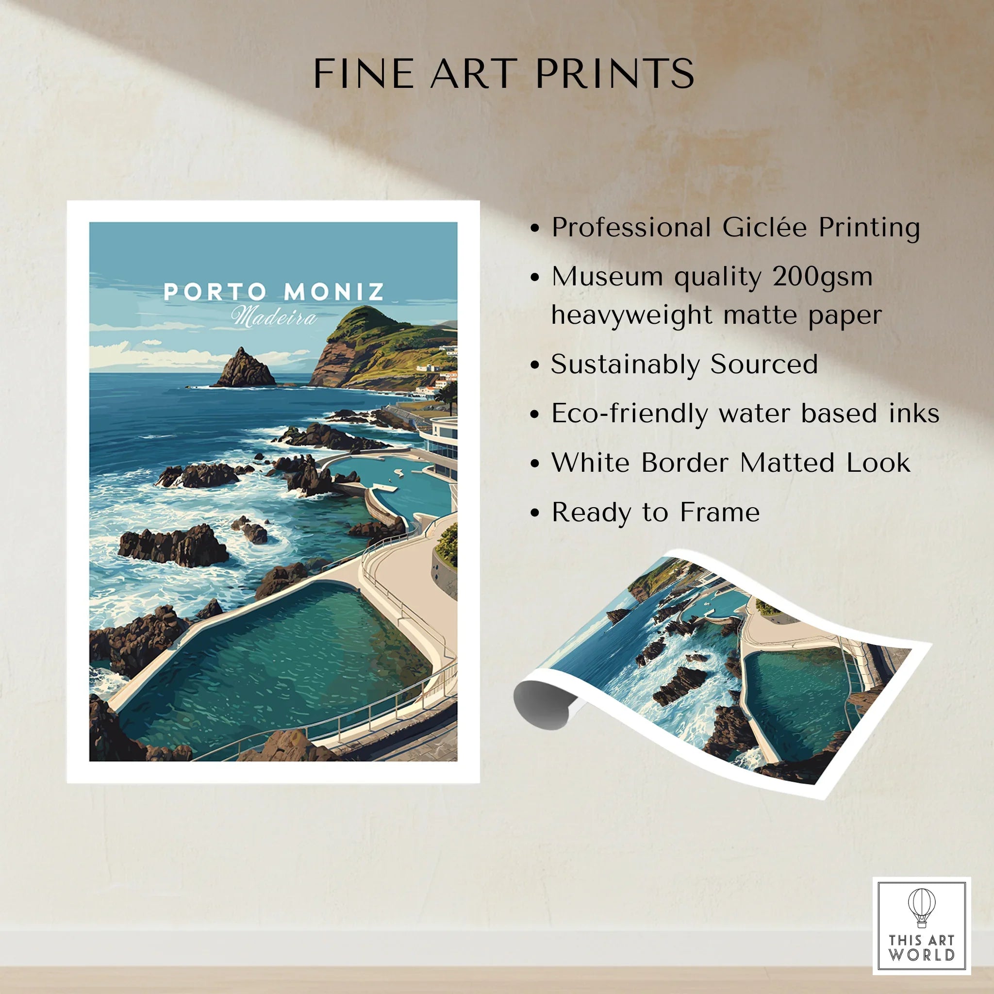 Porto Moniz Madeira fine art print showing ocean view, rocky coast, and natural pools, unframed.